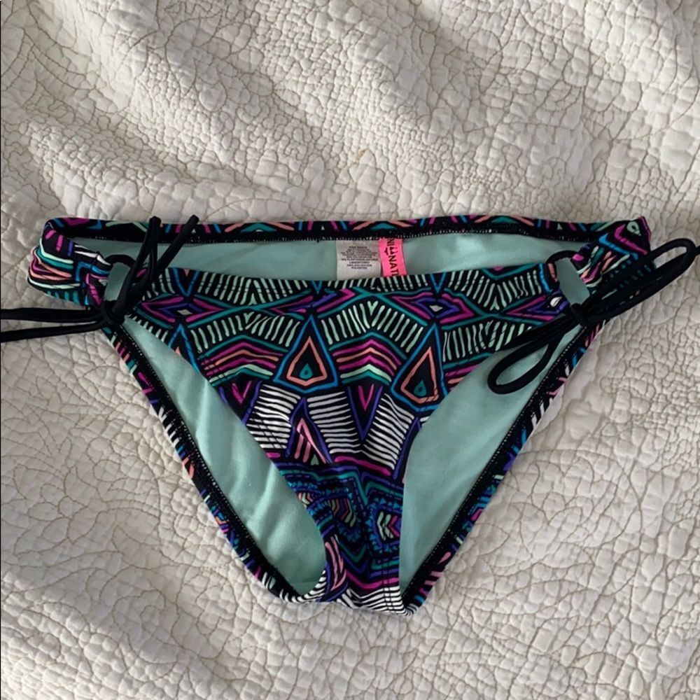 Bikini Nation Women's Tribal Geometric Blue Print Bikini Swim Tie Bottom Sz S
